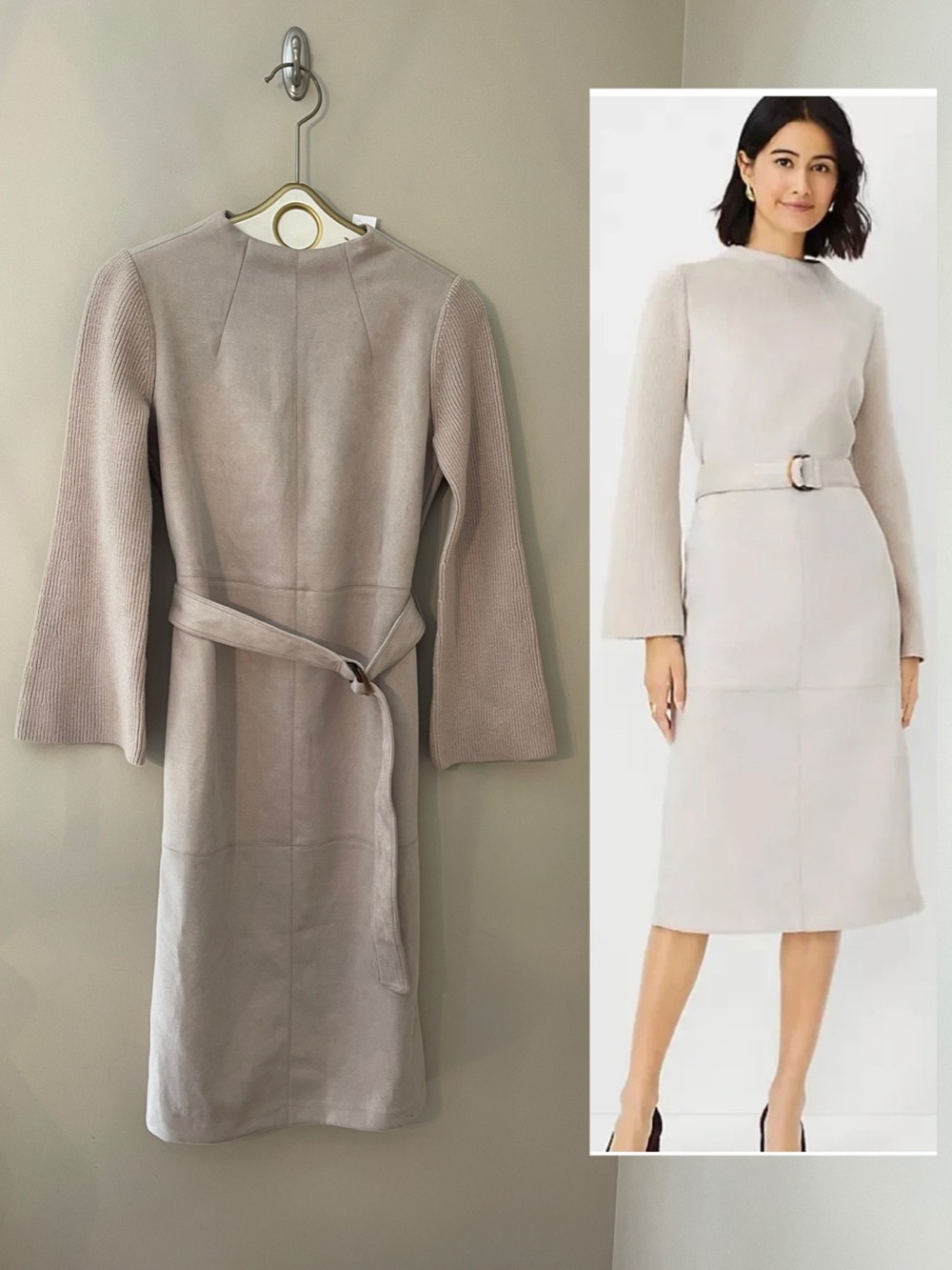 NWT Ann Taylor Faux Suede Mixed Media Sweater Dress, Light Beige,  Size Small